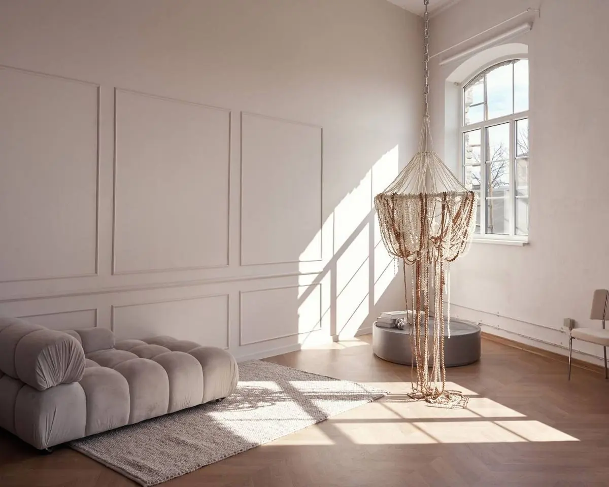 Home Chic zona ar paneļu sienu un rotangpalmas lampu